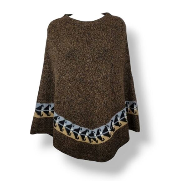 Novica Alpaca Geometric Knit Peruvian Caplette Poncho Shawl in Heathered Brown - Picture 2 of 9